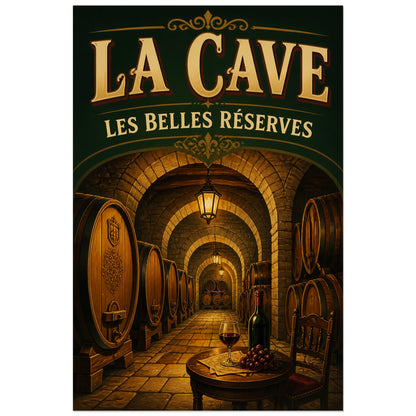 Affiche La cave, les belles réserves, illustration patrimoniale rétro à éclairage chaleureux verticale, format 30 × 45 cm