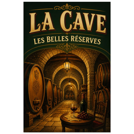 Affiche La cave, les belles réserves, illustration patrimoniale rétro à éclairage chaleureux verticale, format 30 × 45 cm