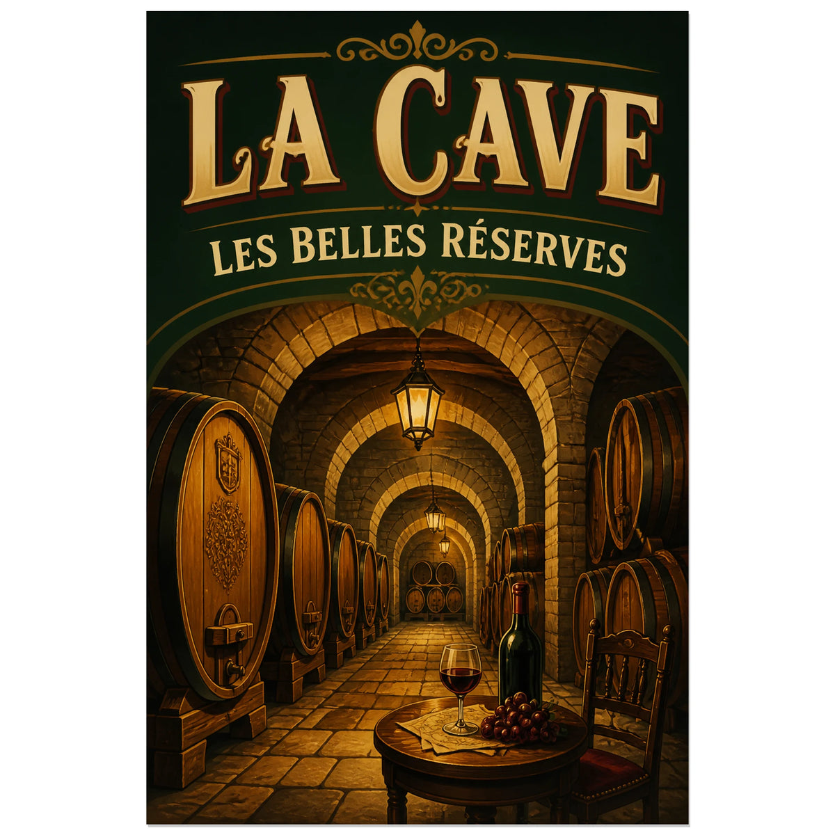 Affiche La cave, les belles réserves, illustration patrimoniale rétro à éclairage chaleureux verticale, format 40 × 60 cm