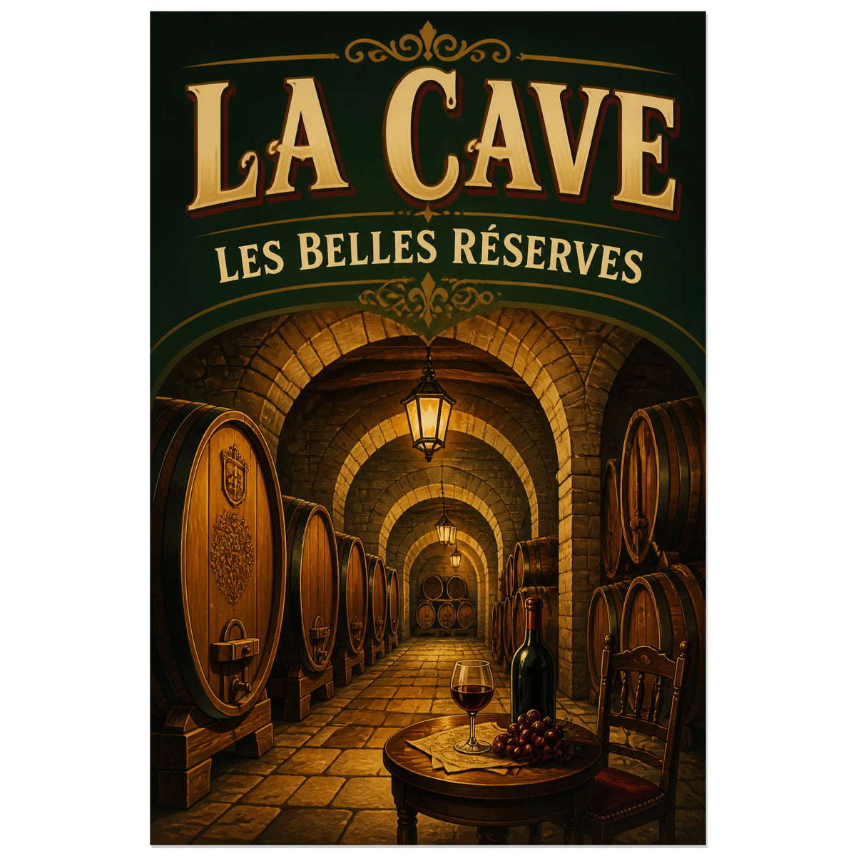Affiche La cave, les belles réserves, illustration patrimoniale rétro à éclairage chaleureux verticale, format 60 × 90 cm