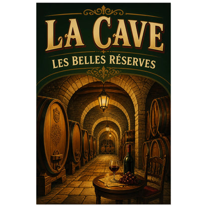 Affiche La cave, les belles réserves, illustration patrimoniale rétro à éclairage chaleureux verticale, format 60 × 90 cm