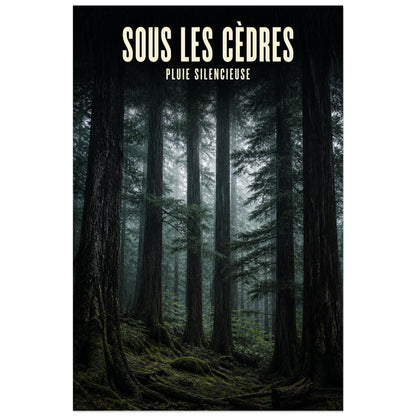 Affiche Sous les cèdres – Pluie silencieuse, photographie forestière réaliste et atmosphérique sous la pluie verticale, format 40 × 60 cm