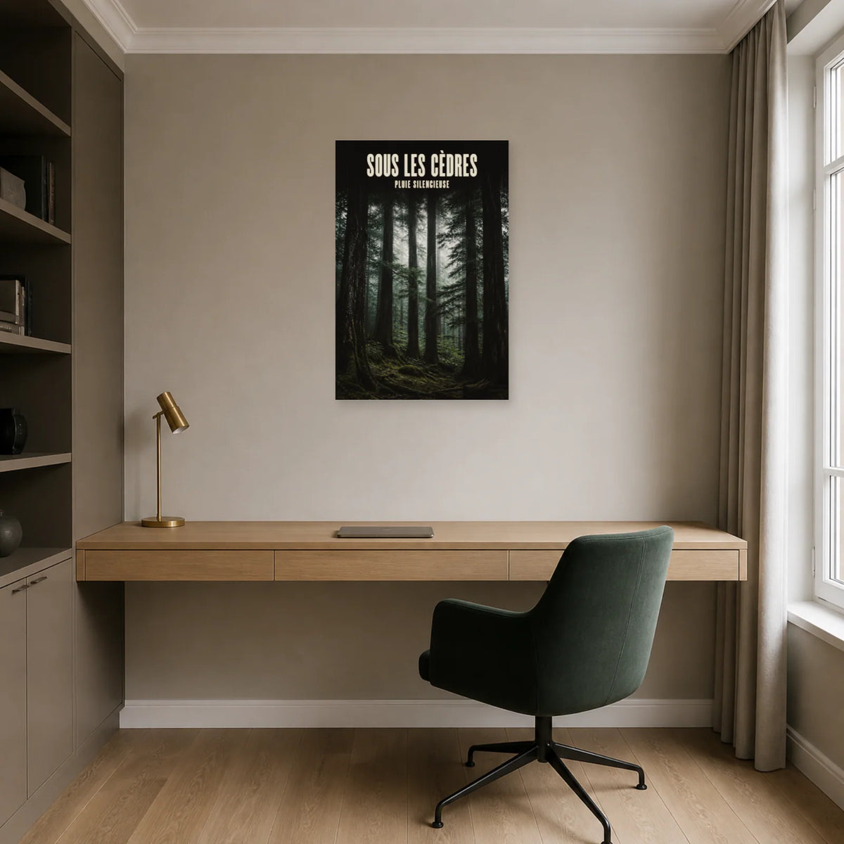 Affiche Sous les cèdres – Pluie silencieuse dans un bureau - Art Virtuoso