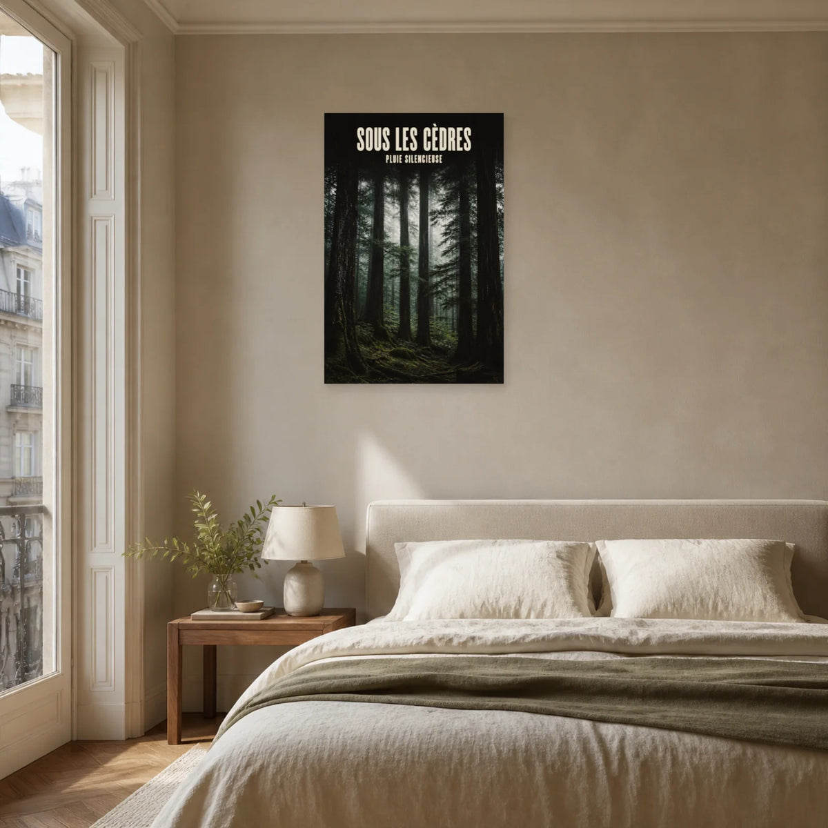 Affiche Sous les cèdres – Pluie silencieuse dans une chambre - Art Virtuoso