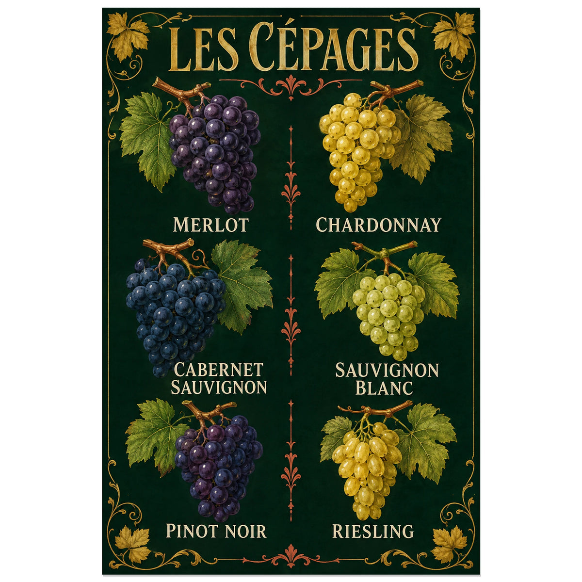 Affiche Les cépages, six raisins, illustration botanique décorative inspirée des planches anciennes verticale, format 30 × 45 cm