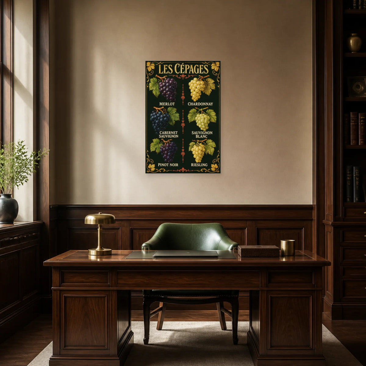 Affiche Les cépages, six raisins dans un bureau - Art Virtuoso