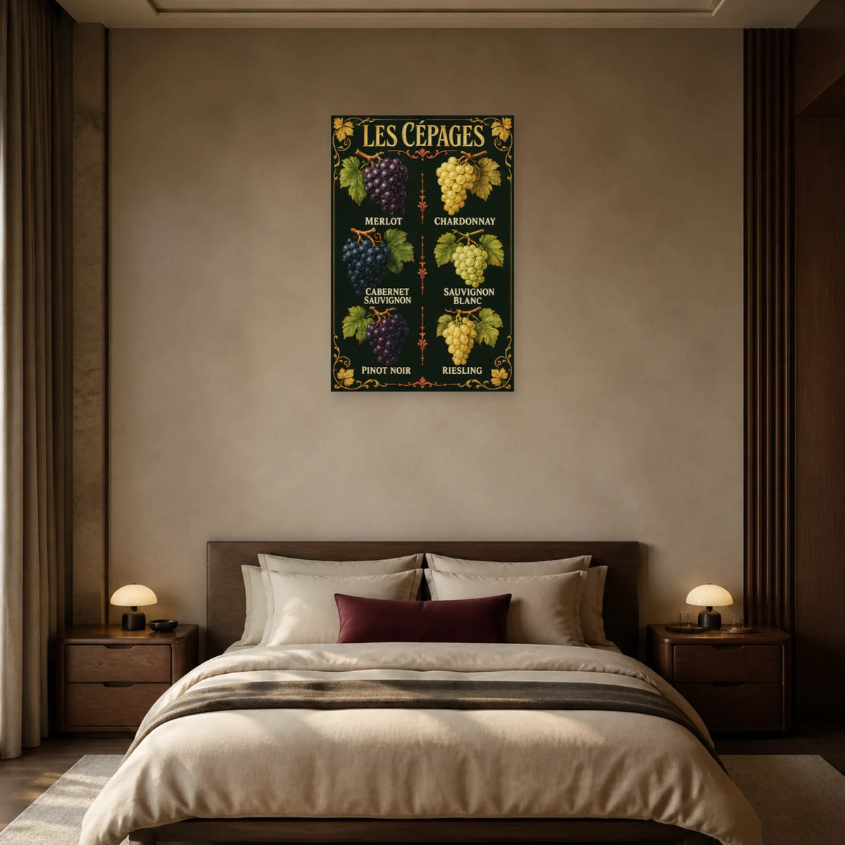 Affiche Les cépages, six raisins dans une chambre - Art Virtuoso