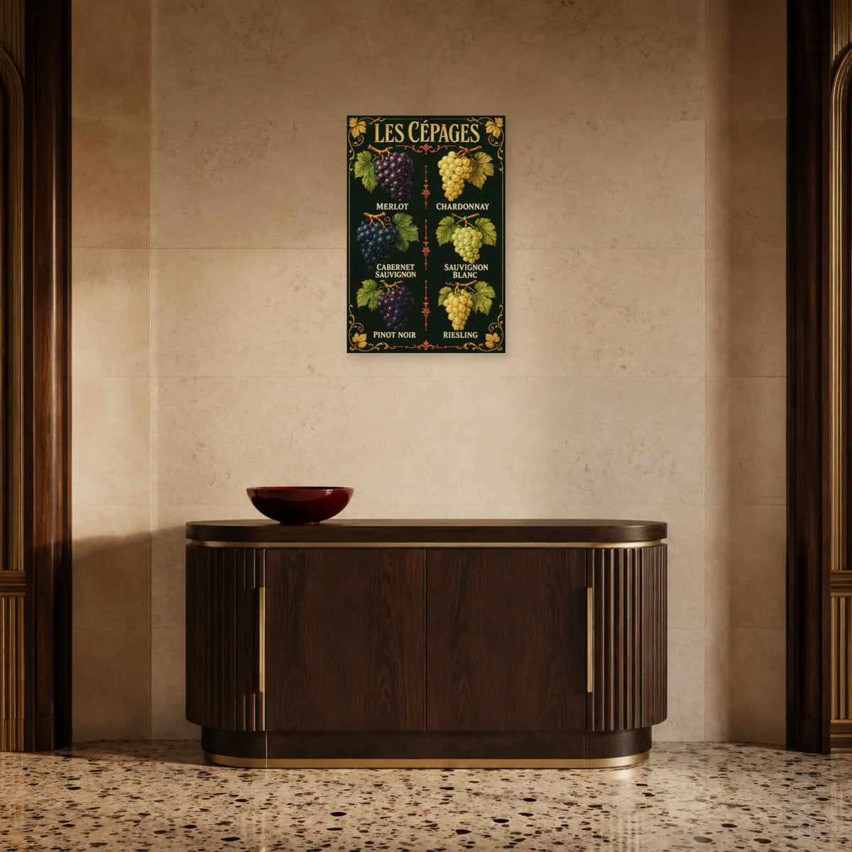 Affiche Les cépages, six raisins dans une entrée ou un couloir - Art Virtuoso