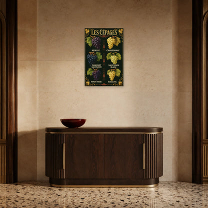 Affiche Les cépages, six raisins dans une entrée ou un couloir - Art Virtuoso