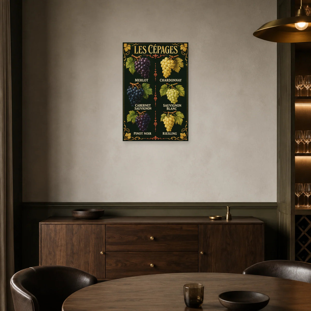 Affiche Les cépages, six raisins dans une salle à manger - Art Virtuoso
