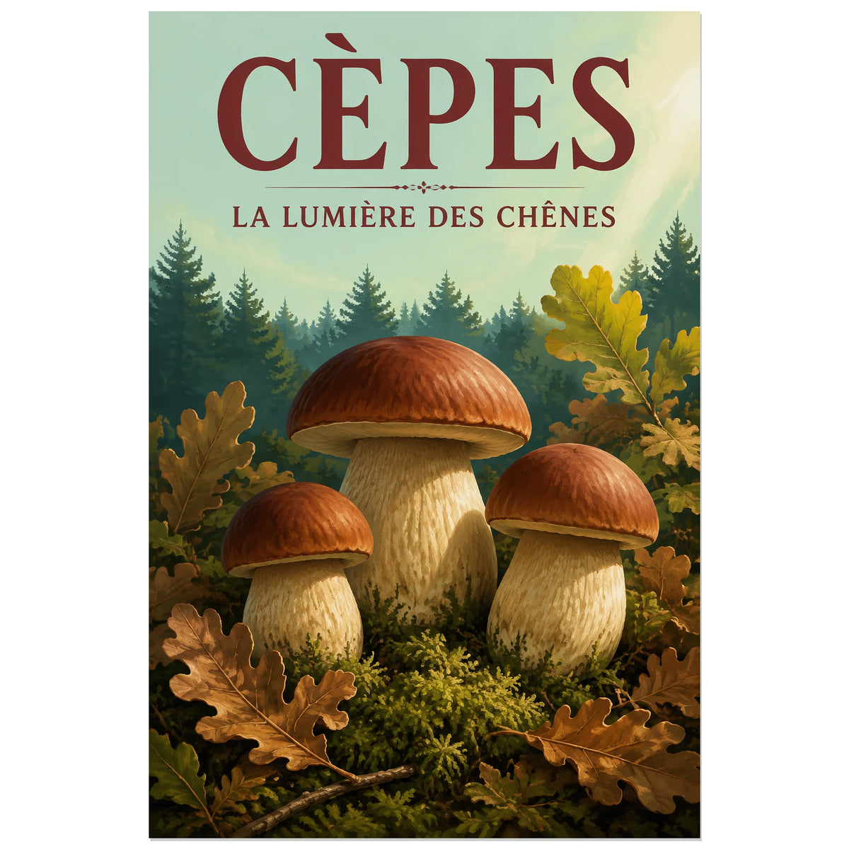 Affiche Cèpes – La lumière des chênes, gouache naturaliste / affiche vintage verticale, format 60 × 90 cm