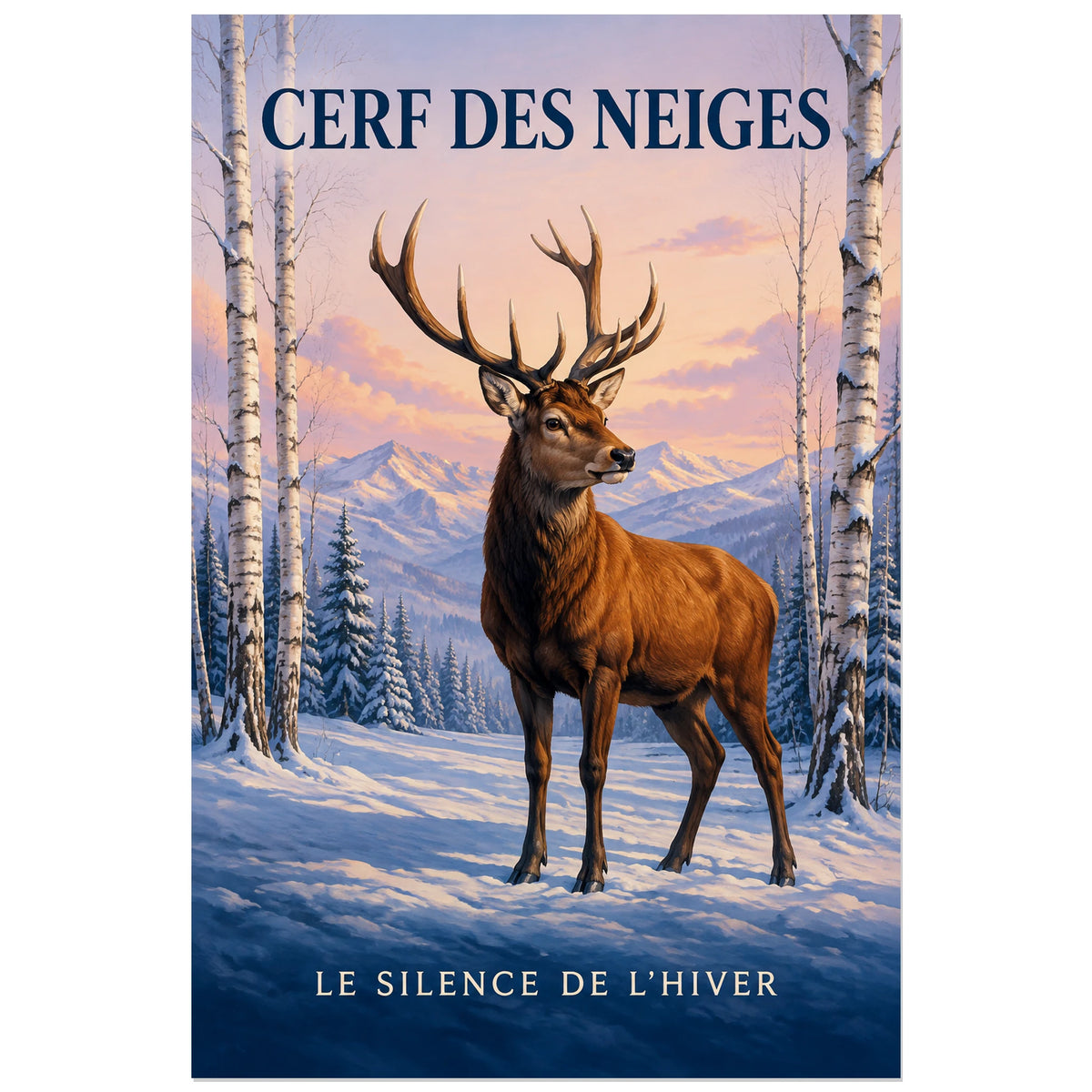 Affiche Cerf des neiges, le silence de l’hiver, illustration naturaliste peinte à typographie intégrée verticale, format 30 × 45 cm
