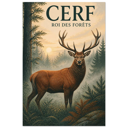 Affiche Cerf – Roi des Forêts, gravure sur bois et gouache verticale, format 30 × 45 cm