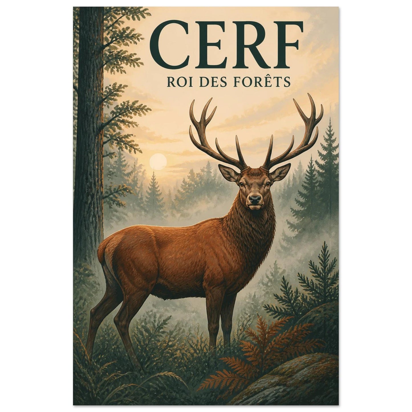 Affiche Cerf – Roi des Forêts, gravure sur bois et gouache verticale, format 60 × 90 cm