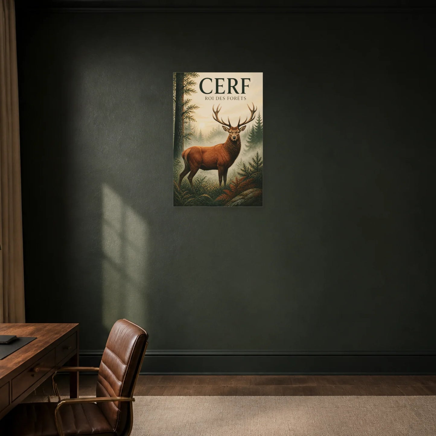 Affiche Cerf – Roi des Forêts dans un bureau - Art Virtuoso
