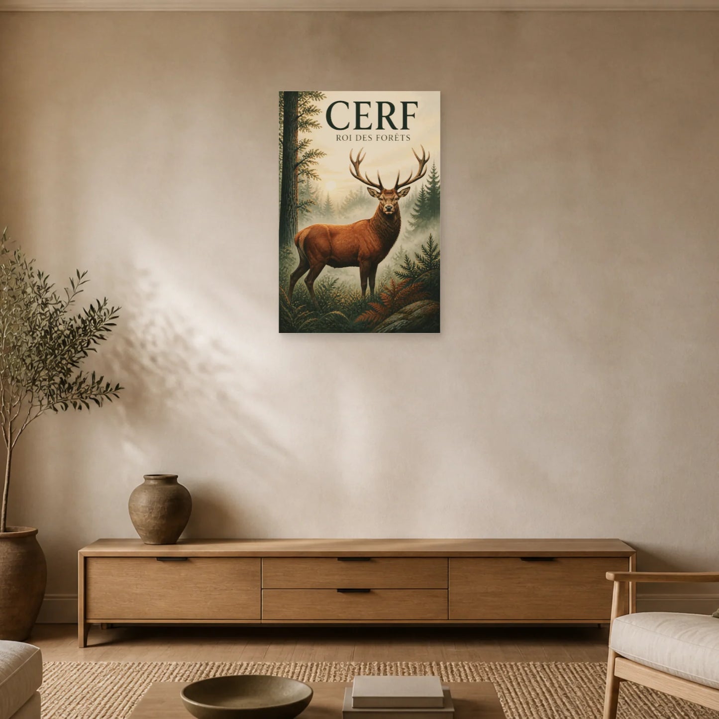 Affiche Cerf – Roi des Forêts dans un salon - Art Virtuoso