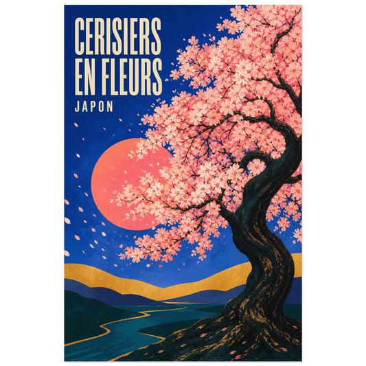 Affiche Cerisiers en Fleurs – Japon, gouache sérigraphique contemporaine verticale, format 30 × 45 cm