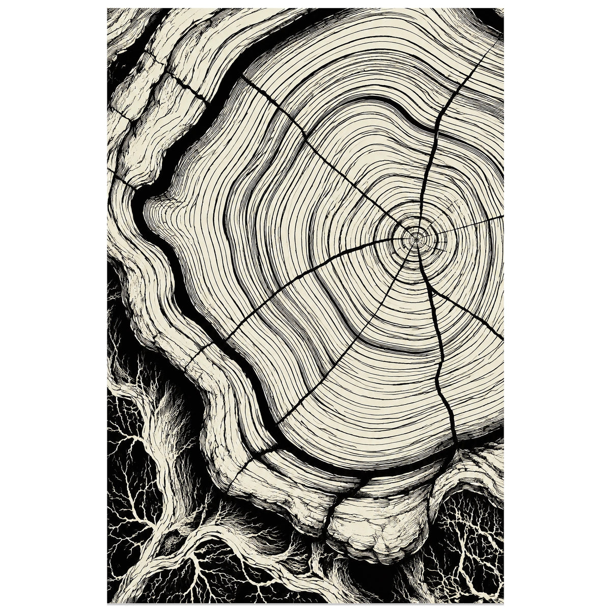 Affiche Cernes du bois – Ondes noires, abstraction à l’encre / graphisme monochrome verticale, format 30 × 45 cm