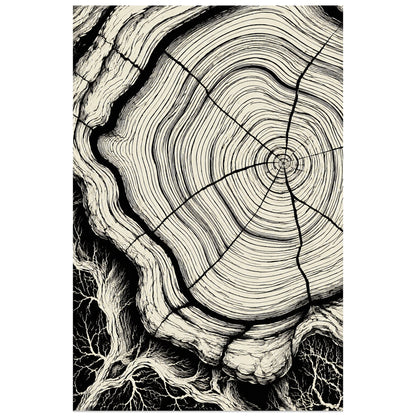 Affiche Cernes du bois – Ondes noires, abstraction à l’encre / graphisme monochrome verticale, format 30 × 45 cm