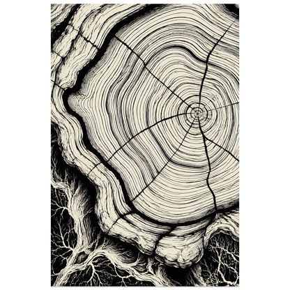 Affiche Cernes du bois – Ondes noires, abstraction à l’encre / graphisme monochrome verticale, format 60 × 90 cm