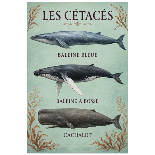 Affiche Cétacés – Trois géants de l’océan, planche naturaliste / affiche vintage verticale, format 30 × 45 cm