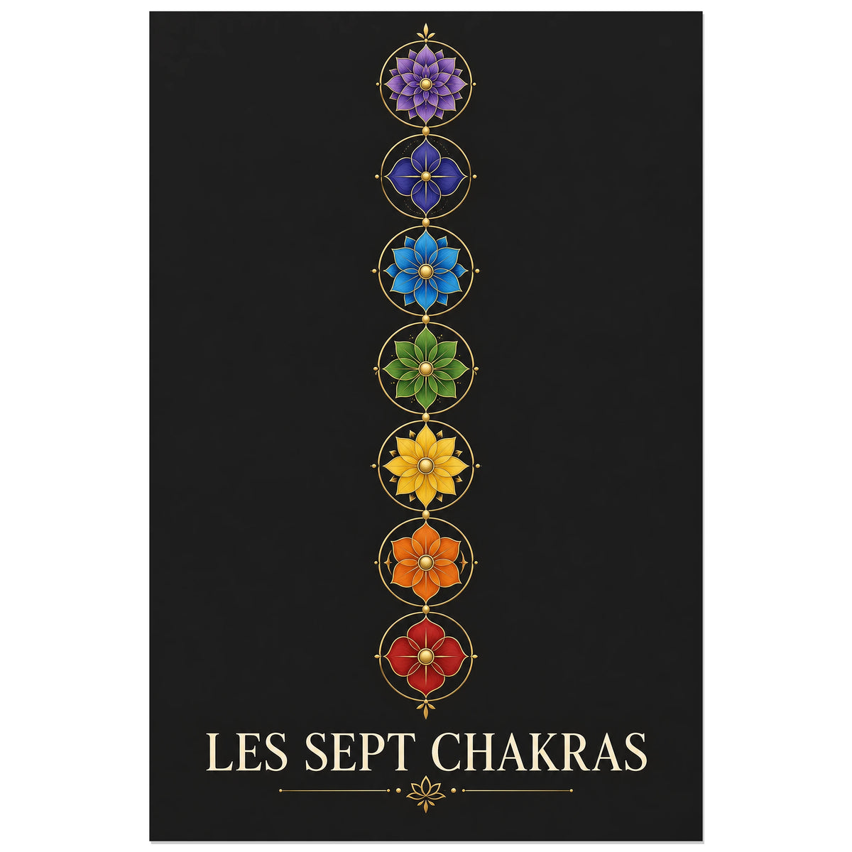Sept médaillons floraux et titre Les Sept Chakras, affiche 30 × 45 cm