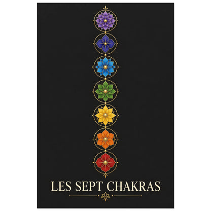 Sept médaillons floraux et titre Les Sept Chakras, affiche 30 × 45 cm