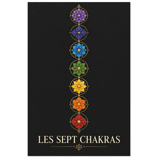 Sept médaillons floraux et titre Les Sept Chakras, affiche 30 × 45 cm
