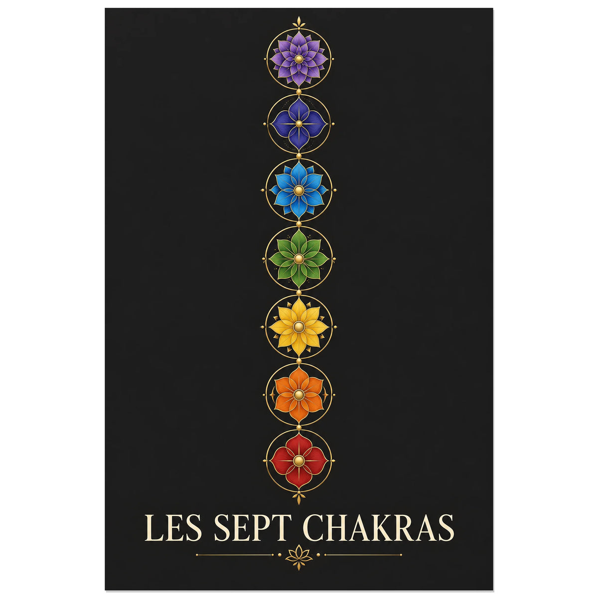 Affiche Sept Chakras à sept fleurs colorées, format 60 × 90 cm