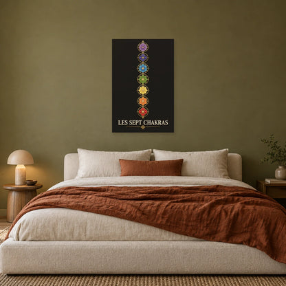 Affiche Chakras - Sept fleurs verticales dans une chambre - Art Virtuoso
