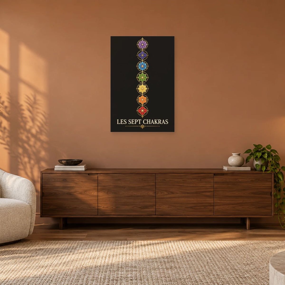 Affiche Chakras - Sept fleurs verticales dans un salon - Art Virtuoso