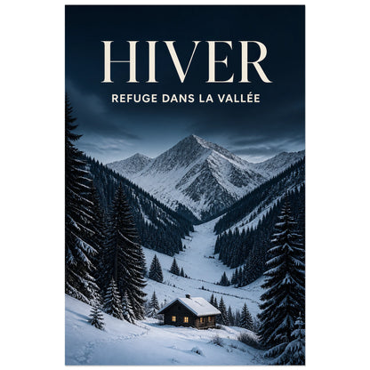Affiche Hiver - Refuge dans la vallée, photographie hivernale cinématographique verticale, format 40 × 60 cm