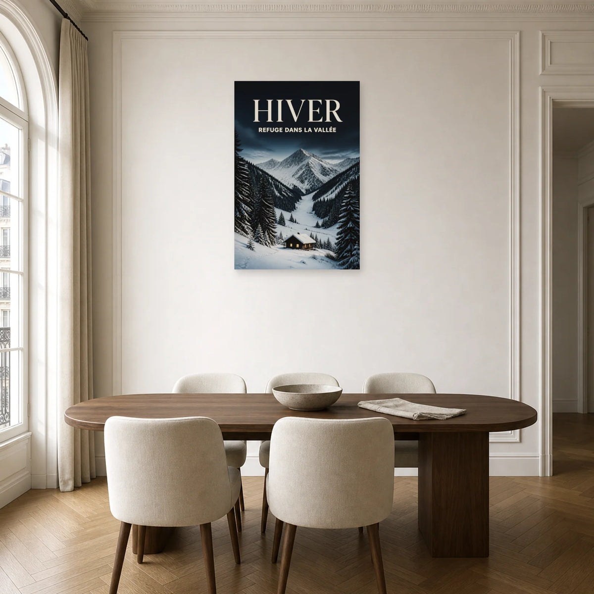 Affiche Hiver - Refuge dans la vallée dans une salle à manger - Art Virtuoso