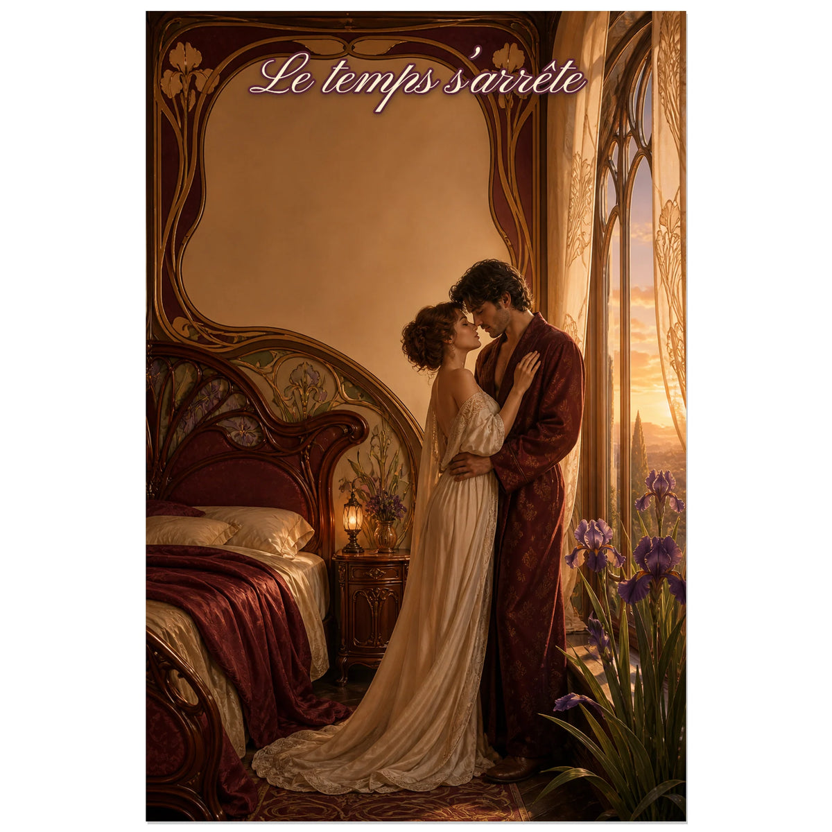 Affiche Le temps s’arrête - Chambre romantique, scène intérieure romantique aux ornements art nouveau verticale, format 60 × 90 cm
