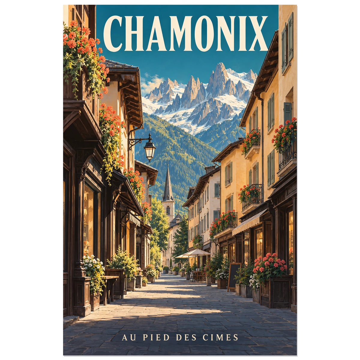 Affiche Chamonix – Ruelle et aiguilles, illustration réaliste / affiche touristique néo-vintage verticale, format 30 × 45 cm