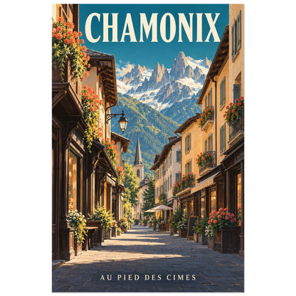 Affiche Chamonix – Ruelle et aiguilles, illustration réaliste / affiche touristique néo-vintage verticale, format 40 × 60 cm