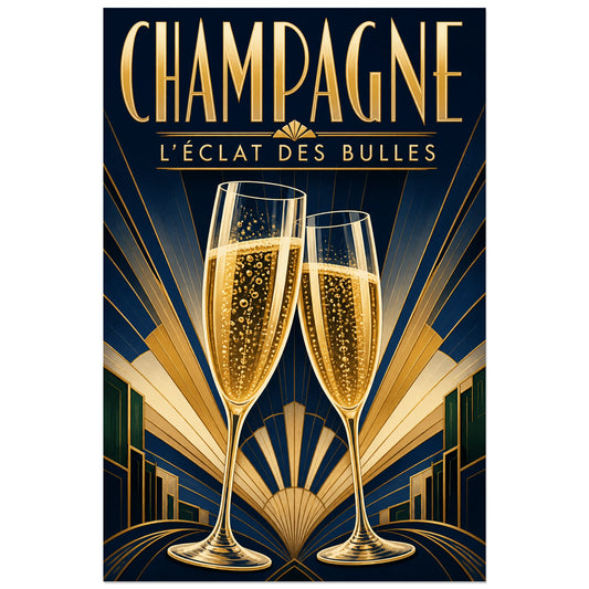 Affiche Champagne, éclat des bulles, illustration art déco aux rayons géométriques et au lettrage élancé verticale, format 30 × 45 cm