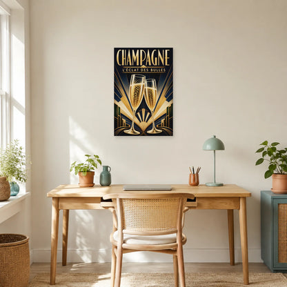 Affiche Champagne, éclat des bulles dans un bureau - Art Virtuoso