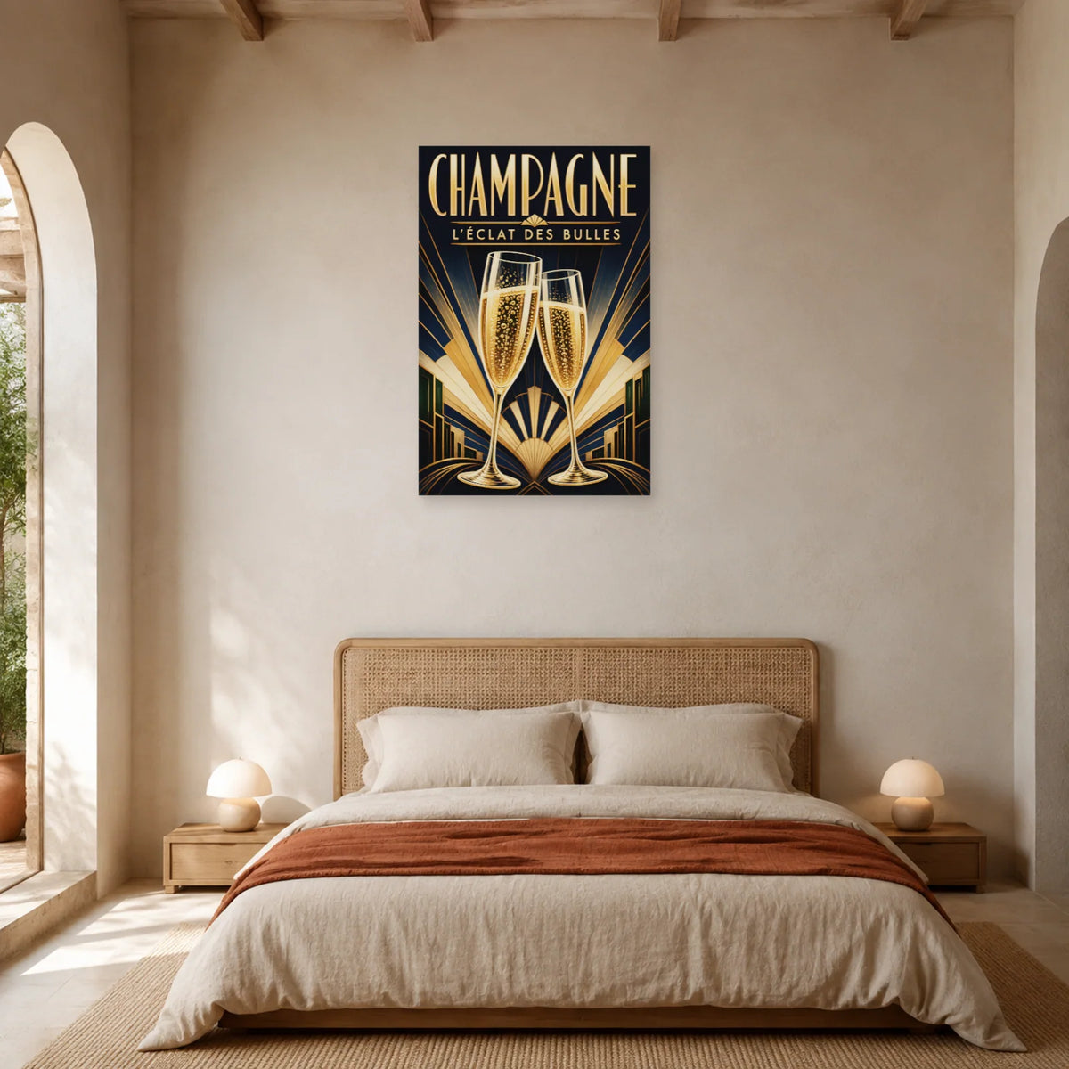 Affiche Champagne, éclat des bulles dans une chambre - Art Virtuoso