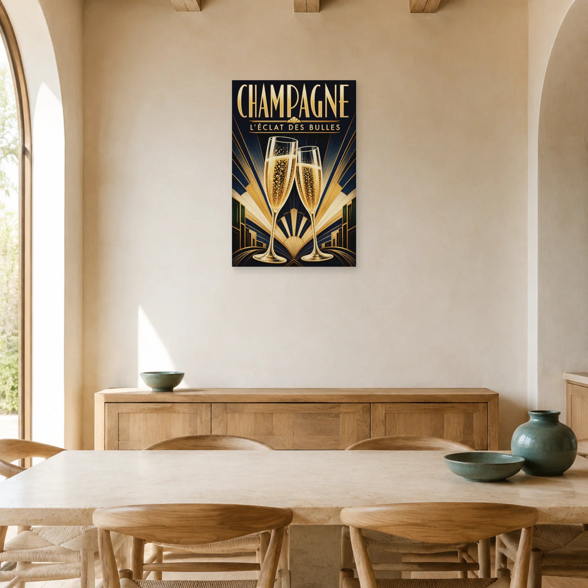 Affiche Champagne, éclat des bulles dans une salle à manger - Art Virtuoso