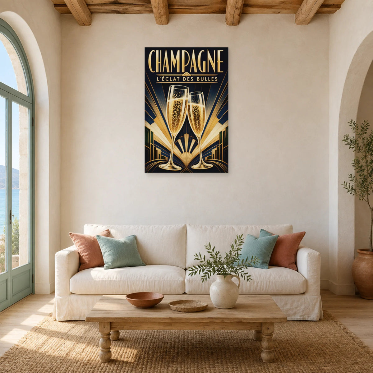 Affiche Champagne, éclat des bulles dans un salon - Art Virtuoso