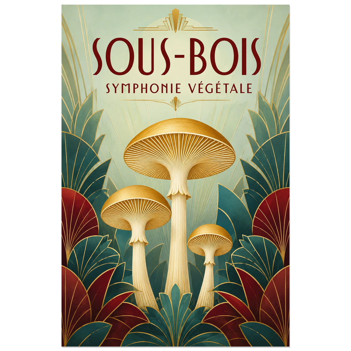 Affiche Champignons Art déco – Symétrie végétale, art déco / illustration géométrique verticale, format 30 × 45 cm