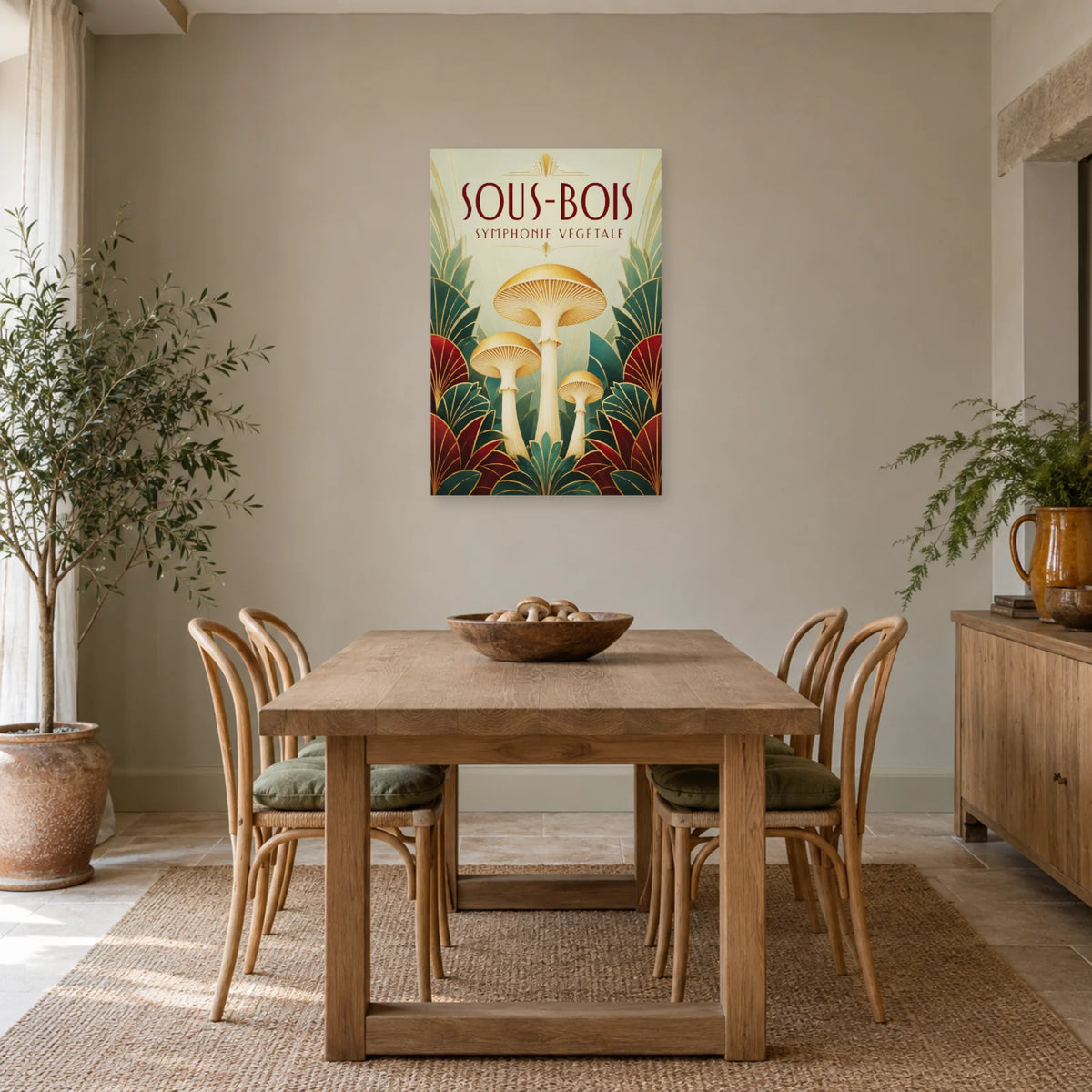 Affiche Champignons Art déco – Symétrie végétale dans une salle à manger - Art Virtuoso