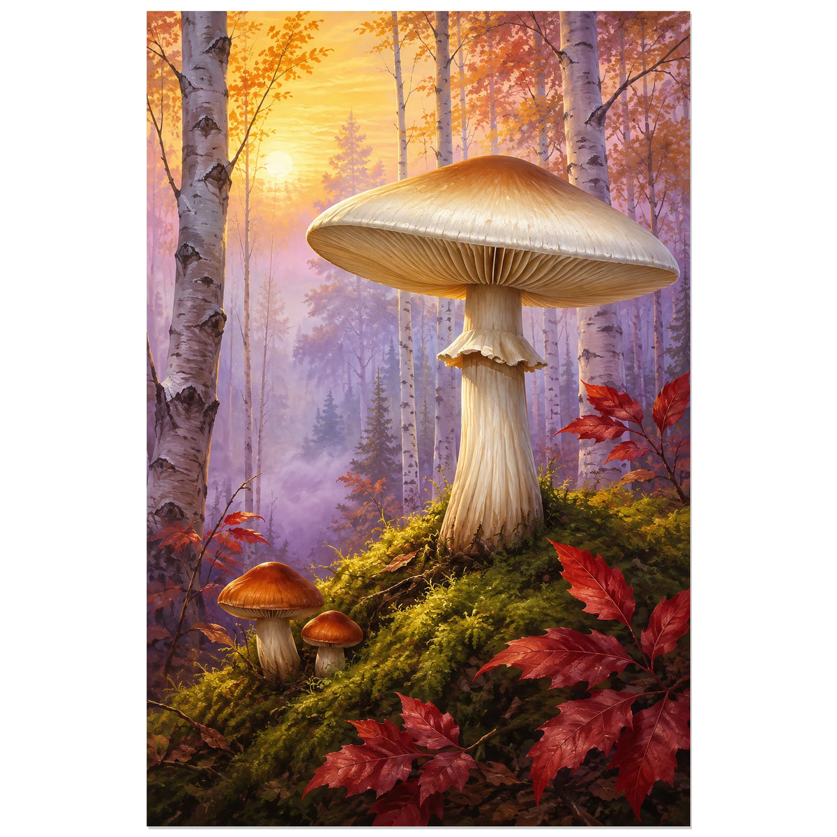 Affiche Champignons – Clairière de brume, peinture naturaliste / paysage forestier verticale, format 40 × 60 cm
