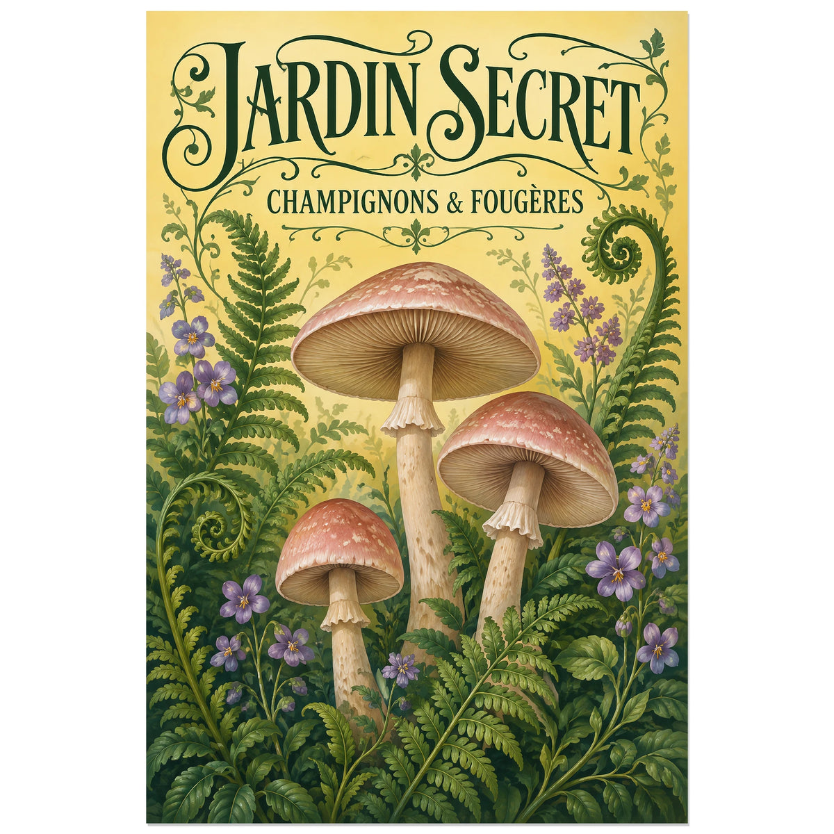 Affiche Champignons et fougères – Jardin secret, art nouveau / illustration naturaliste verticale, format 30 × 45 cm