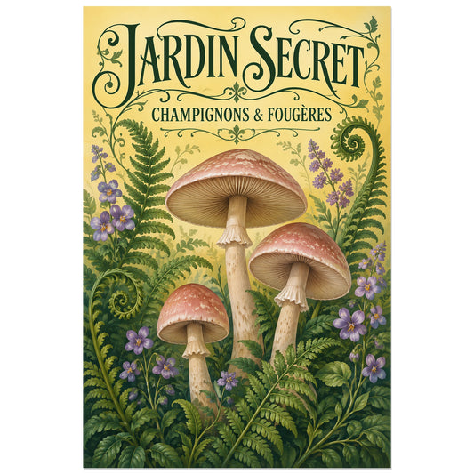 Affiche Champignons et fougères – Jardin secret, art nouveau / illustration naturaliste verticale, format 30 × 45 cm