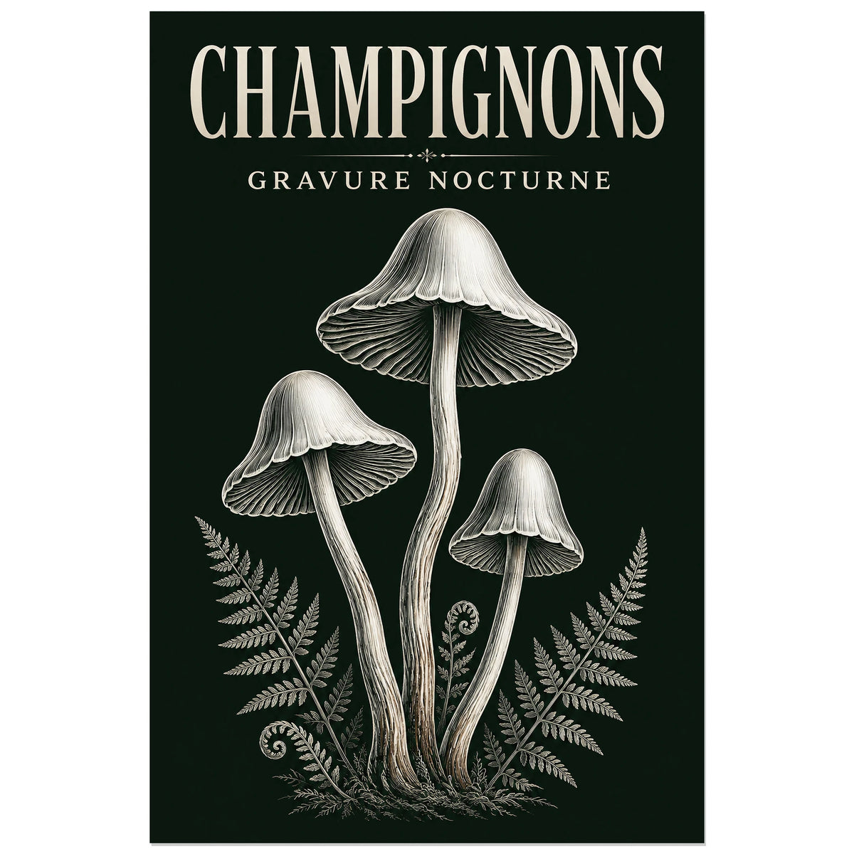 Affiche Champignons – Gravure nocturne, gravure illustrée / dessin au trait verticale, format 30 × 45 cm