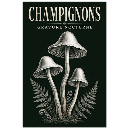 Affiche Champignons – Gravure nocturne, gravure illustrée / dessin au trait verticale, format 30 × 45 cm