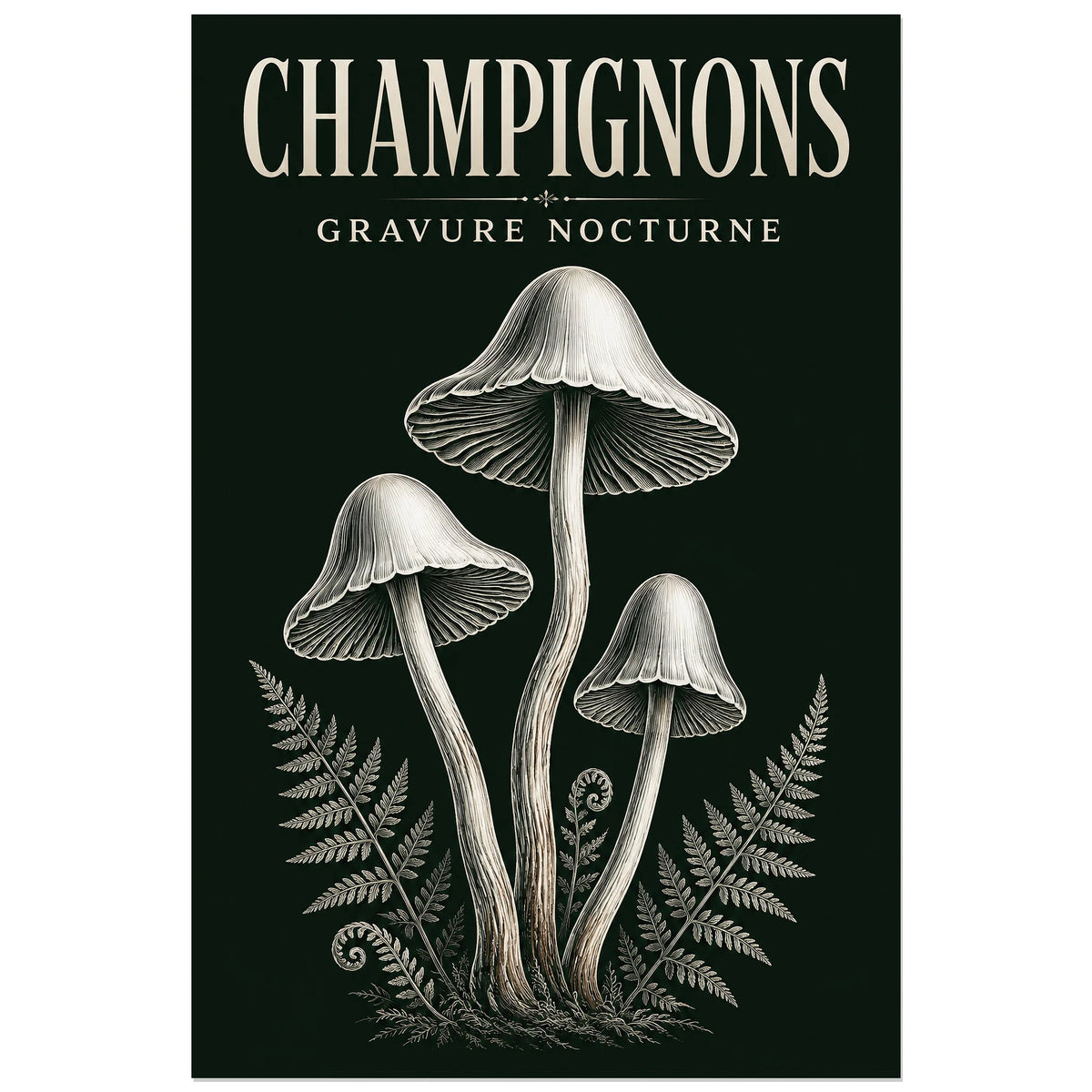 Affiche Champignons – Gravure nocturne, gravure illustrée / dessin au trait verticale, format 60 × 90 cm