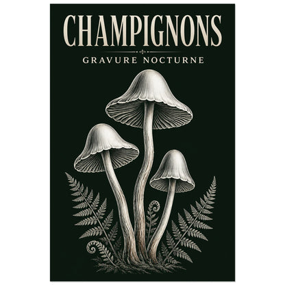 Affiche Champignons – Gravure nocturne, gravure illustrée / dessin au trait verticale, format 60 × 90 cm